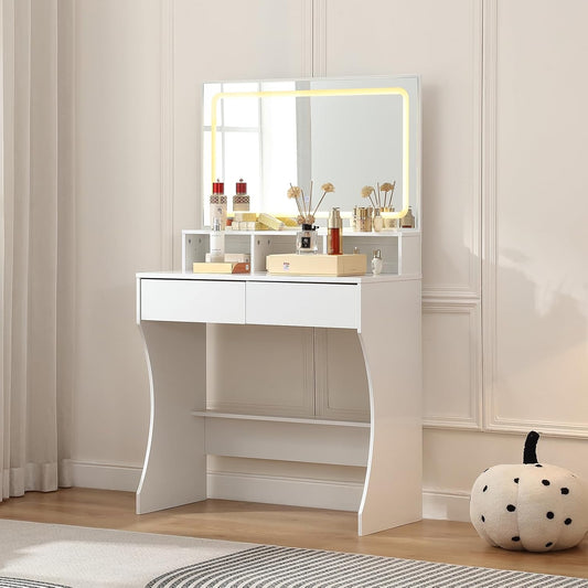 Small Makeup Vanity Desk 0151 Small Vanity Table with Mirror and Lighting, 2 Drawers, Dressing Table, 3 Adjustable Colour Brightness Levels, for Bedroom, White - QUORE