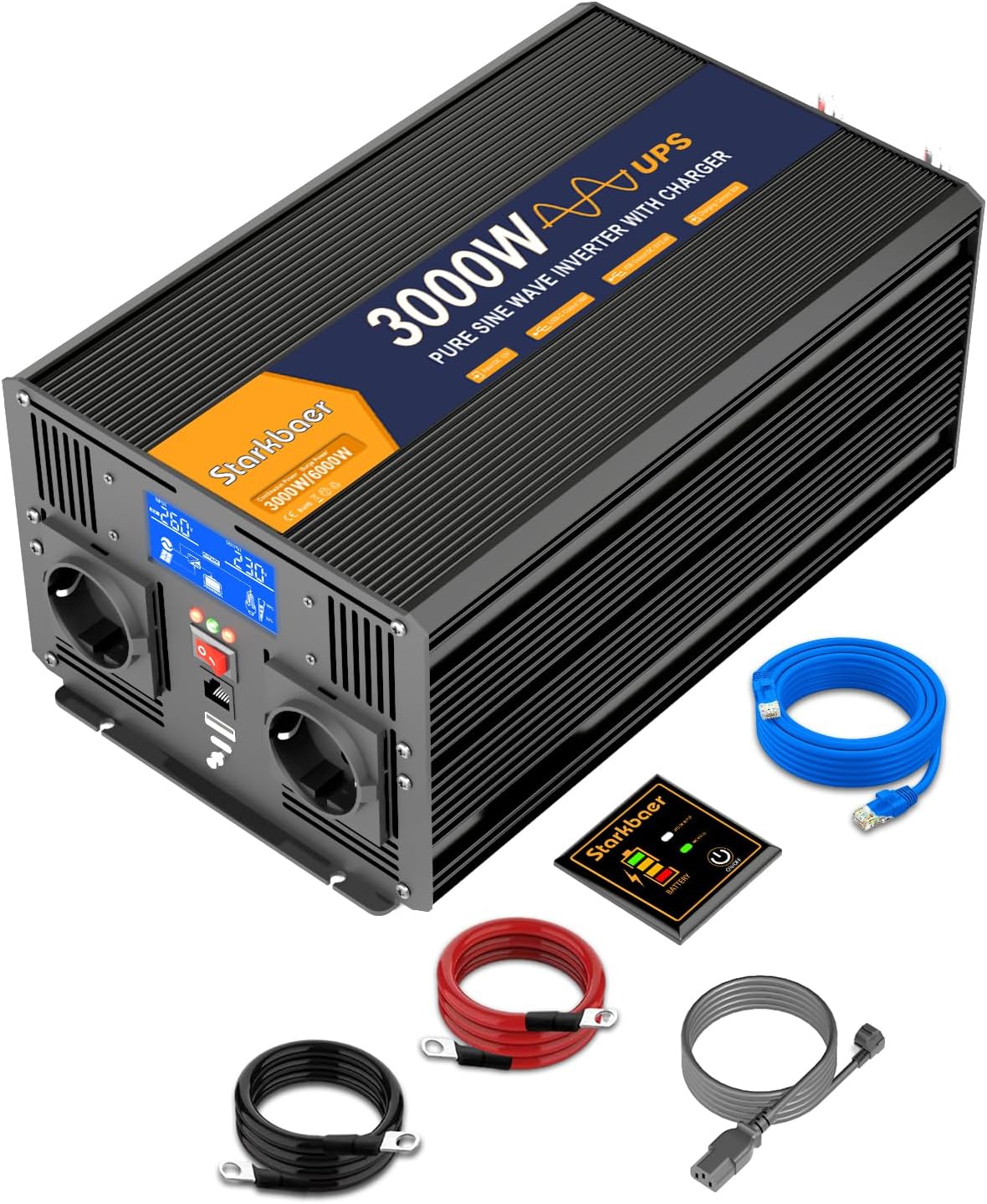 UPS 3000 W omvormer 12 V 220 V zuivere sinusomvormer transformator met 30 A lader, 2 EU-stopcontacten, 5 m afstandsbediening en LCD-scherm voor noodoproepen thuis, reizen buitenshuis