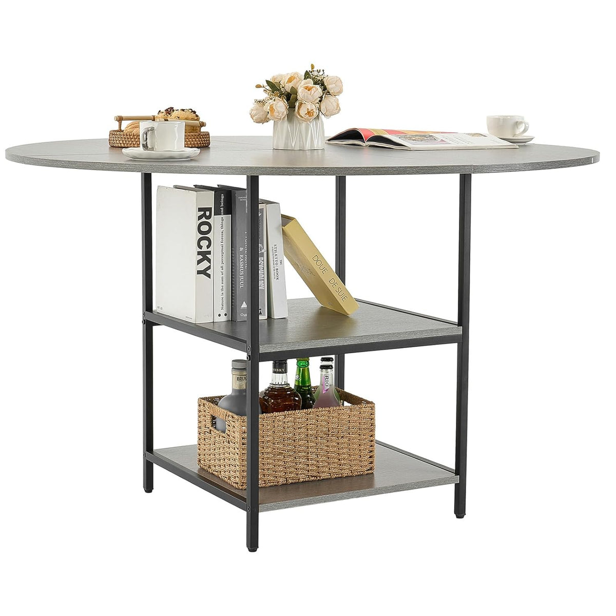 VEVOR Ronde eettafel 1200 mm houten tafel belasting 136,1 kg moderne ronde meubels met plank en metalen poten voor keuken thuis woonkamer grijs alleen tafel