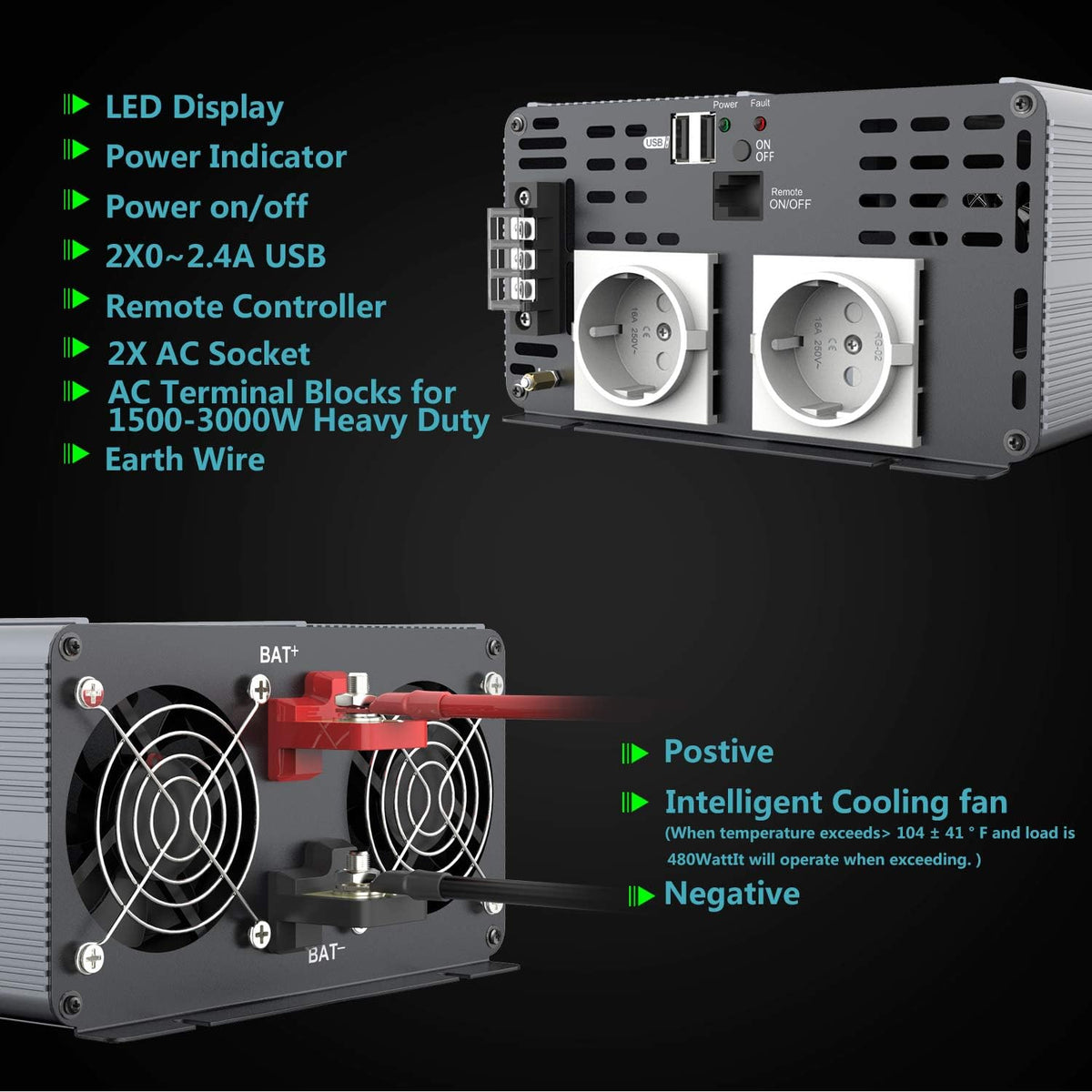 <font dir="auto" style="vertical-align: inherit;"><font dir="auto" style="vertical-align: inherit;">        FLAMEZUM 3000W Inverter 12V to 230V Pure Sine Wave Voltage Converter with Remote Control, LED Display, 2 EU AC Sockets, and 2 USB Ports for Cars, C