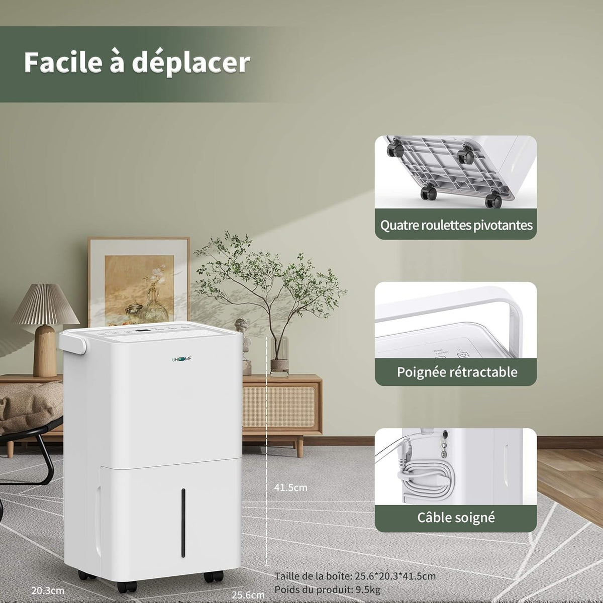 Uhome Luchtontvochtiger, elektrisch, 12 l in 24 uur, luchtontvochtiger voor 54 m³/18 m², ontvochtiger met automatische uitschakeling, vochtsensor, wasmodus, actieve koolfilter, afvoerslang (12 l