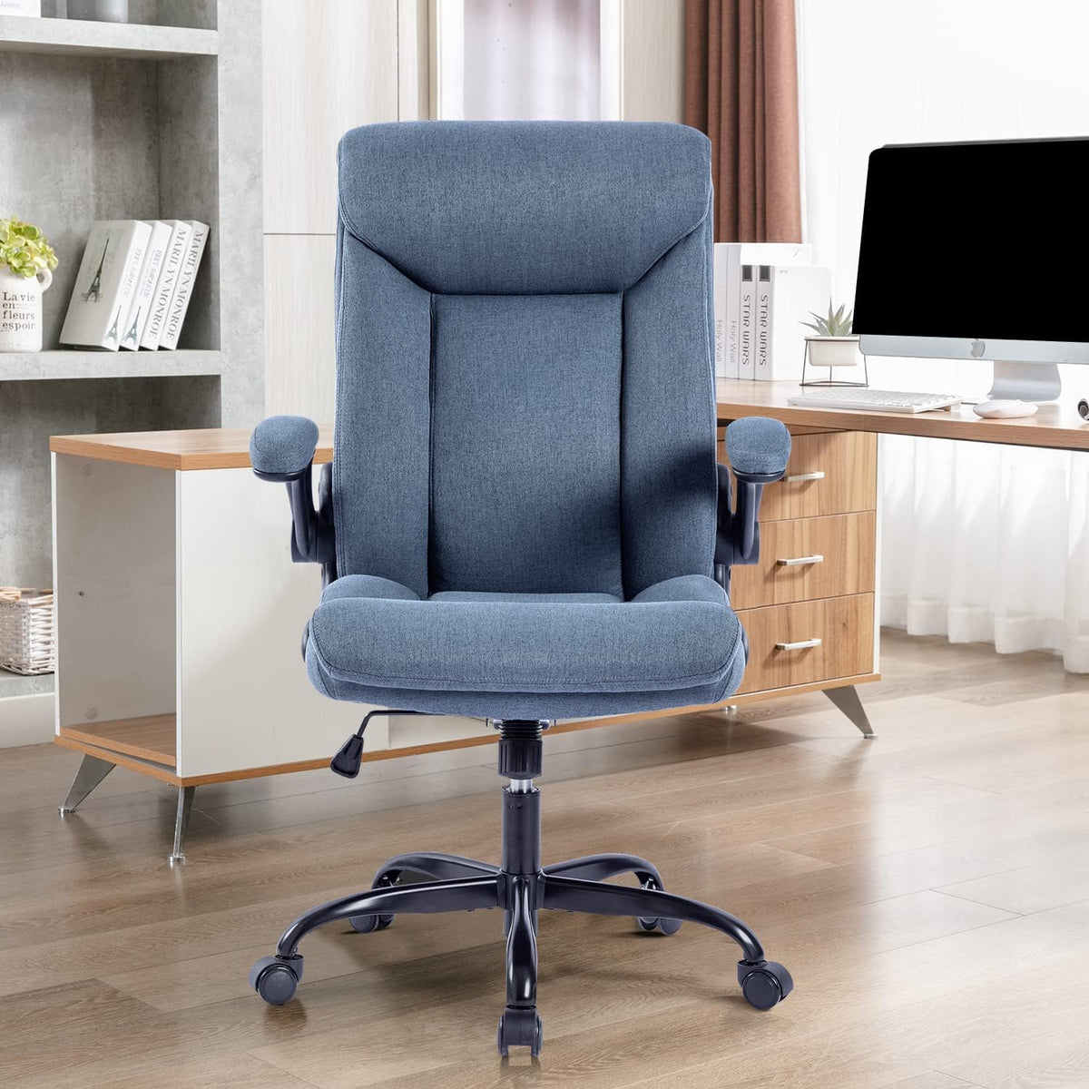 Ergonomische bureaustoel - draaibare werkstoel met opvouwbare armleuning, in hoogte verstelbaar, comfortabel voor kantoor, thuis, gaming (marineblauw)