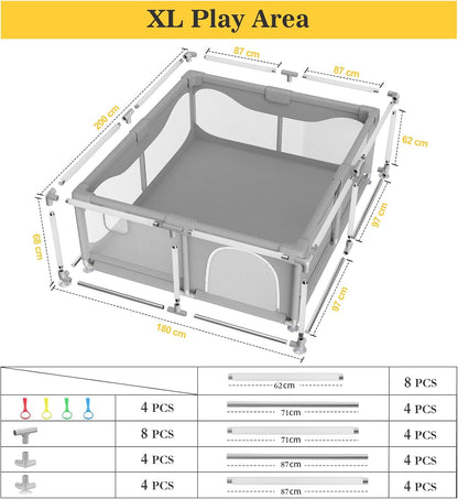 Baby Playpen 200 x 180 cm Large Improved 2025 Edition Playpen for Babies and Children with Non-Slip Bottom, Activity Centre for Children, Without Mats and Balls, Grey - QUORE