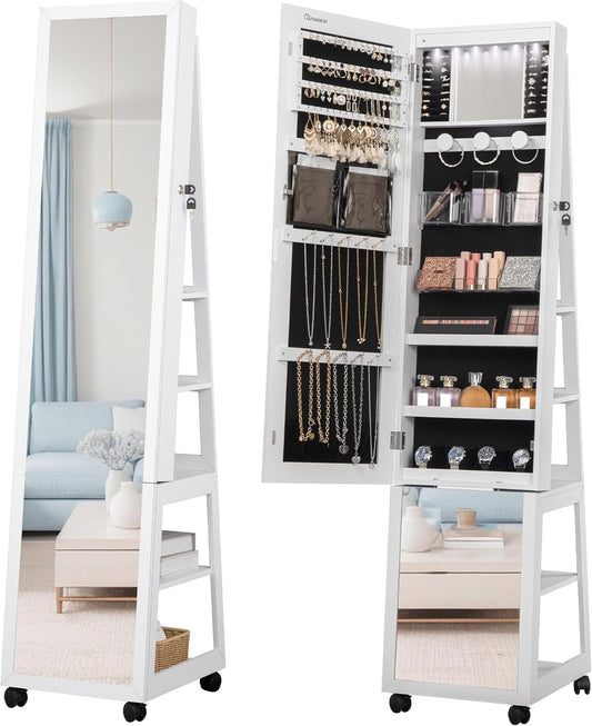 Hzuaneri JC35303BV1 6 LED Jewellery Cabinet, 159 cm High, Standing Jewellery Cabinet Organiser, Lockable in Full Length, Mirror with 4 Wheels, Large 5 Layer Jewellery Rack, White