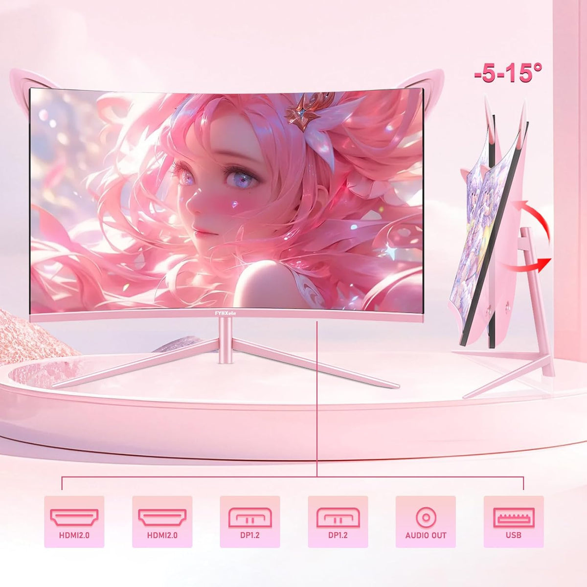 FY27FHP Roze 27 inch gebogen gamingmonitor 165Hz - VA-scherm 144Hz 1800R 1ms 1920x1080P, ingebouwde luidsprekers, AMD Free-Sync, HDMI, DP, USB, AUX, instelbare kanteling