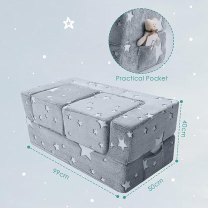 MeMoreCool Kindersofabed, Modulaire Peuterbank, Oplichtende Sterren Kinderstoel Lounger Opklapbaar, Baby Mini Bank Slaapkamermeubilair voor Speelkamer, Grijze Ster
