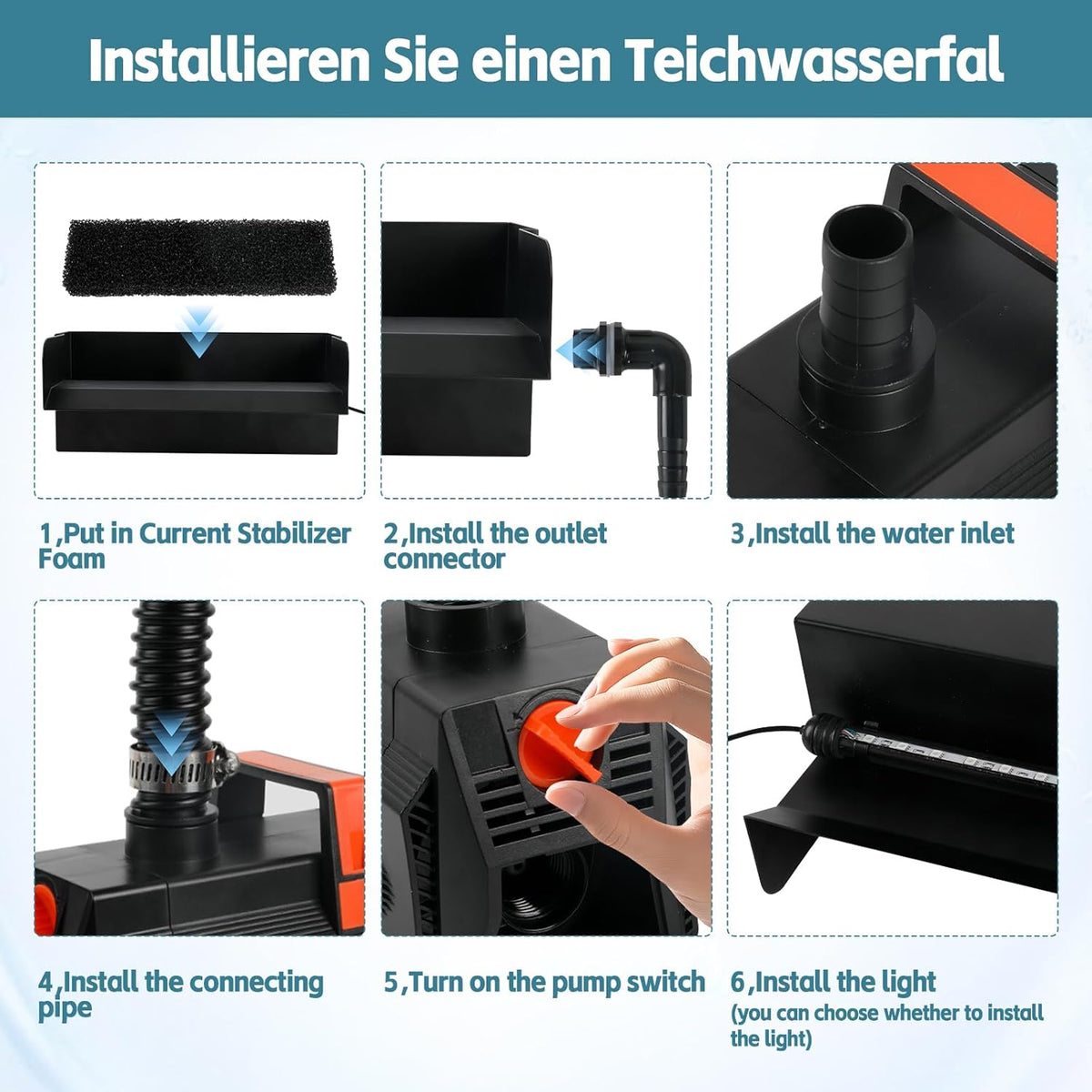Vijver waterval overloop waterval voor tuinvijvers, 30 cm roestvrij staal overloop zwembad vijver fontein kit met 45W 3000L/H pomp voor vijver, zwembad, tuin, patio decoratie