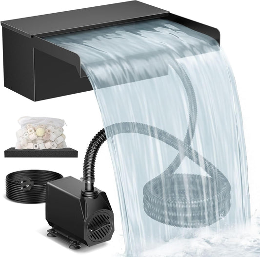 Biling 20 cm roestvrijstalen watervalset compleet met pomp en filter, 40 W, 2500 l/u, voor tuinvijver, koivijver, zwemvijver, waterspel, tuindecoratie, watercascade