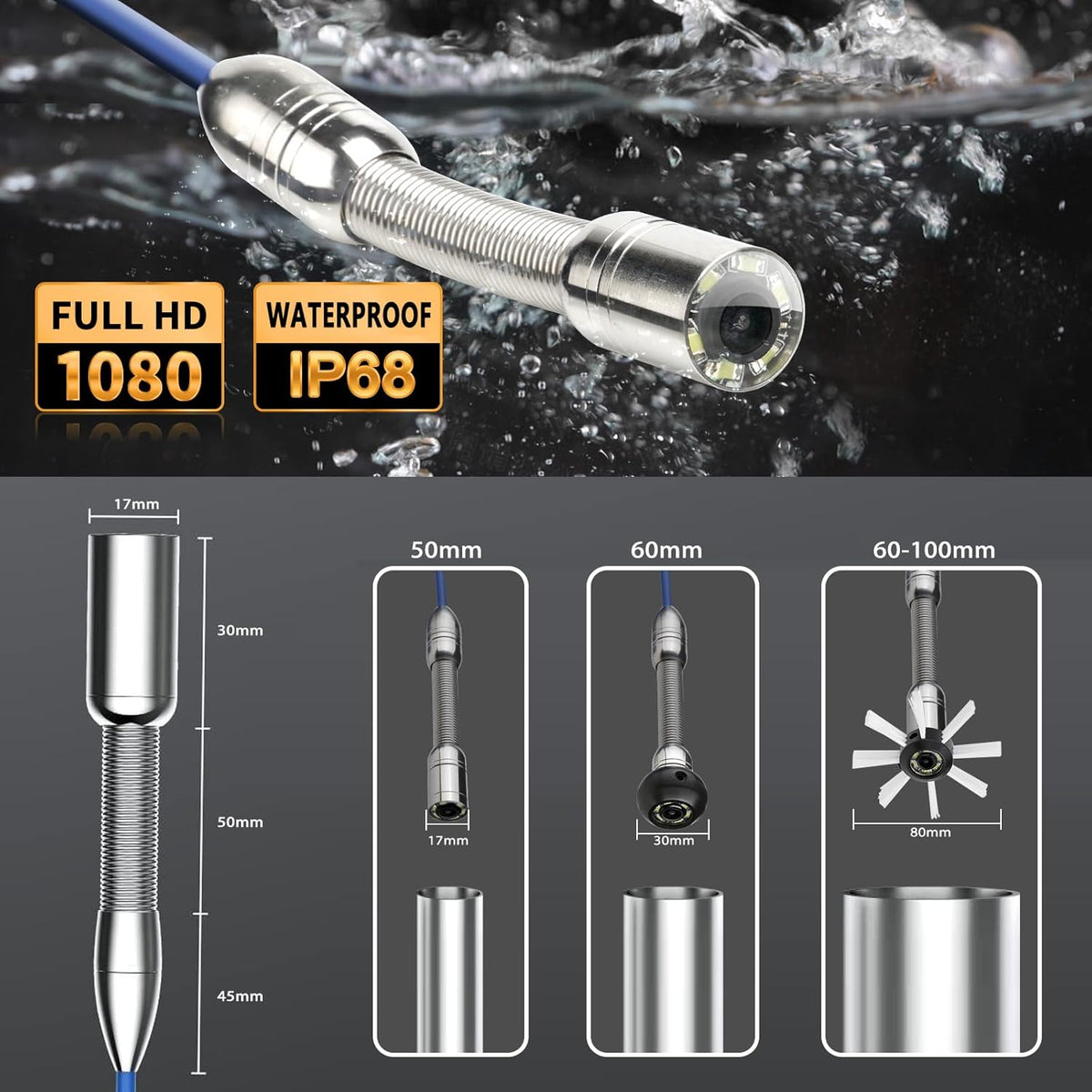 KAOLALI 30M Pijpcamera, 4,3 inch endoscoop met HD 1080P camera, 6 LED-verlichting, IP68 waterdicht, blauw, 32 GB SD-kaart, 5000mAh batterij
