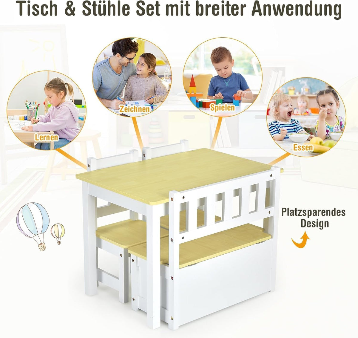 FANTASK 4-delig kinderzitgarnituur met opbergruimte, kindertafel van grenenhout met 2 stoelen & zitbank, natuurlijke kleur