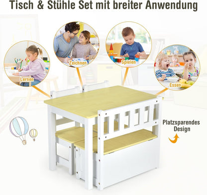 FANTASK 4-delig kinderzitgarnituur met opbergruimte, kindertafel van grenenhout met 2 stoelen & zitbank, natuurlijke kleur