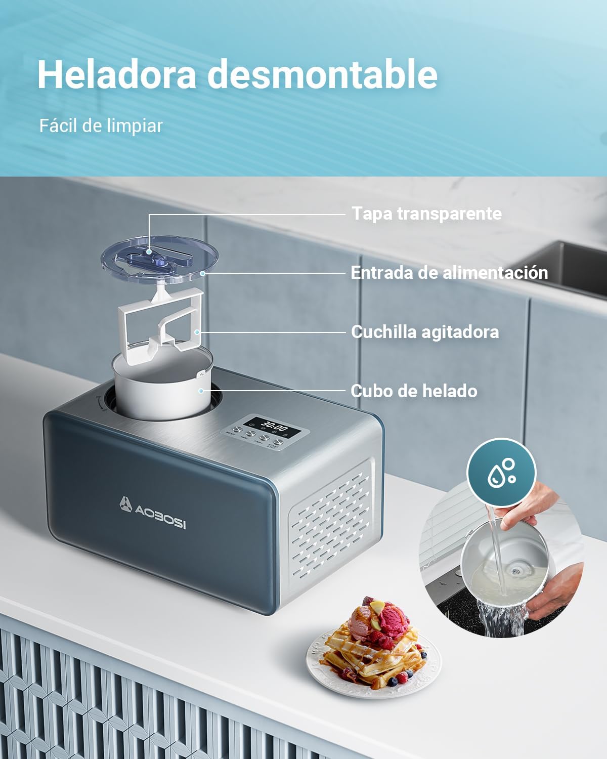 Aobosi ijsmachine, ijsmachine, ijs, yoghurt, roestvrij staal 2L, eenvoudig te bedienen, afneembare mengpeddel