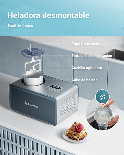 Aobosi ijsmachine, ijsmachine, ijs, yoghurt, roestvrij staal 2L, eenvoudig te bedienen, afneembare mengpeddel