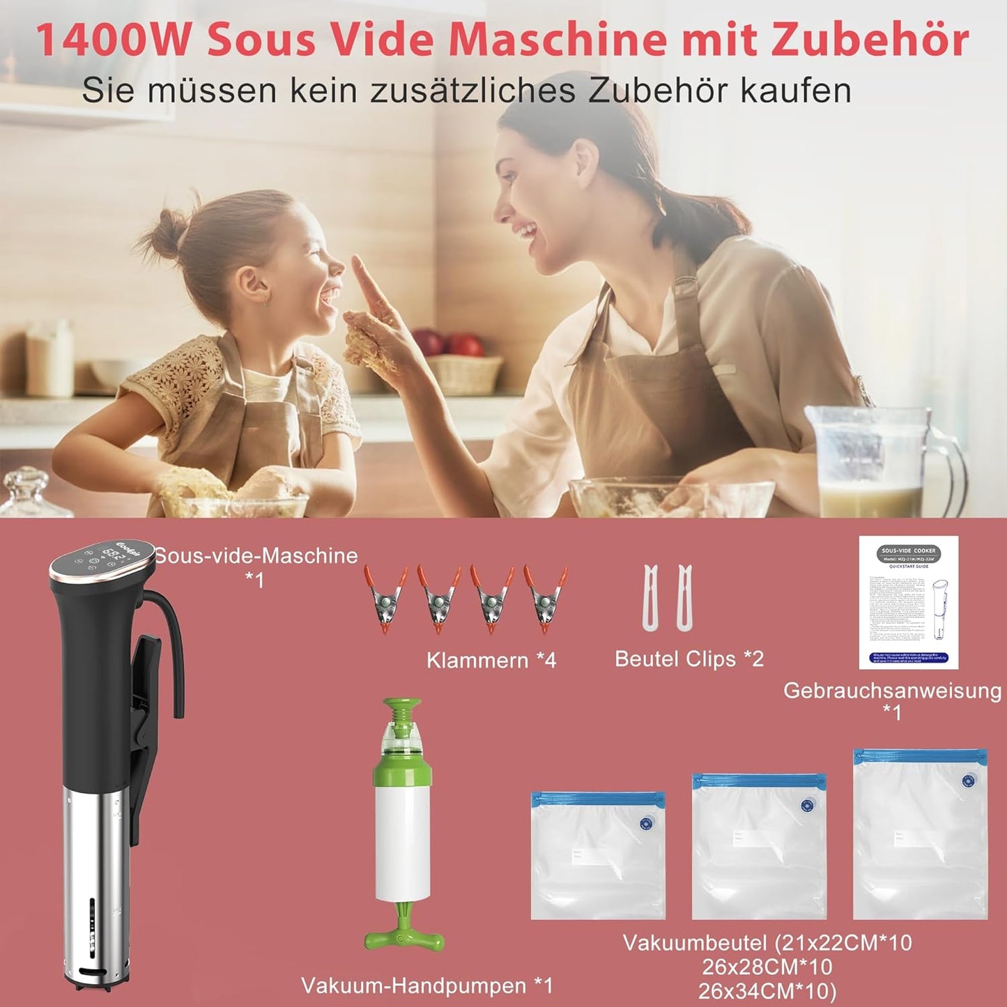 Sous Vide Garer Stick, 1400 W, sous-vide 35 cm met roestvrijstalen behuizing, wifi en touch-bediening met led, vacuümzak met pomp, kookboek