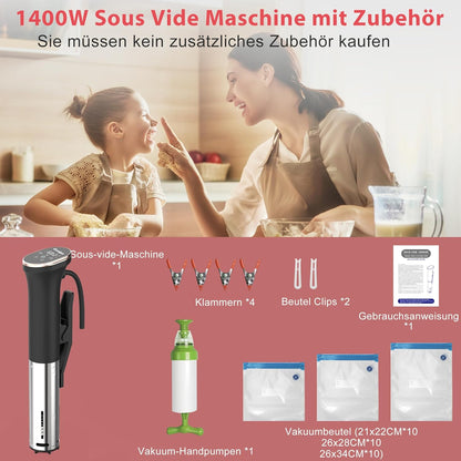 Sous Vide Garer Stick, 1400 W, sous-vide 35 cm met roestvrijstalen behuizing, wifi en touch-bediening met led, vacuümzak met pomp, kookboek