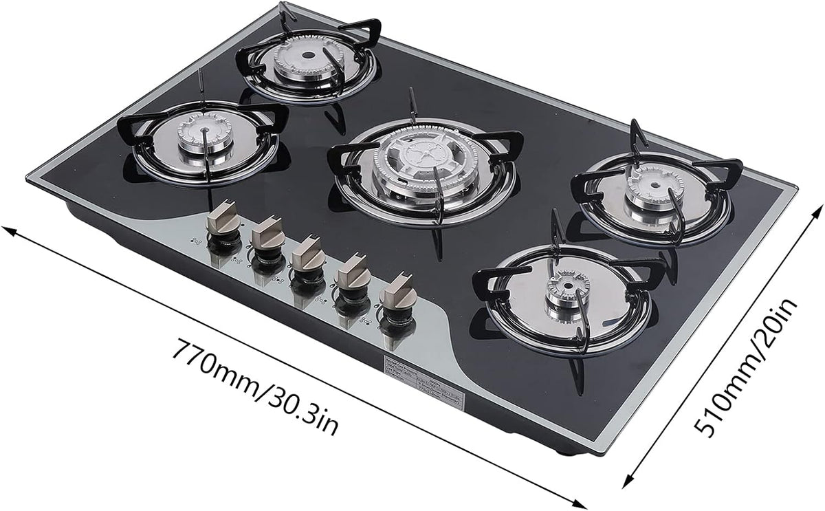 5 Burner Gas Hob Cast Iron Hob Lpg Ng Hob + Stainless Steel Water Bowl Kitchen Appliance Tempered Glass Top Built in for a Variety of Kitchen Cooks Automatic Pulse Ignition - QUORE