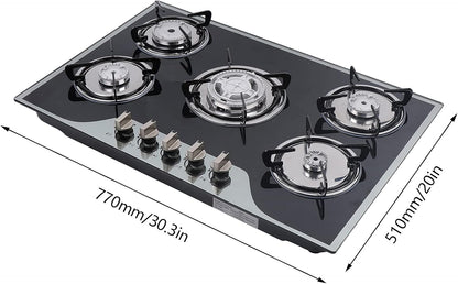 5 Burner Gas Hob Cast Iron Hob Lpg Ng Hob + Stainless Steel Water Bowl Kitchen Appliance Tempered Glass Top Built in for a Variety of Kitchen Cooks Automatic Pulse Ignition - QUORE