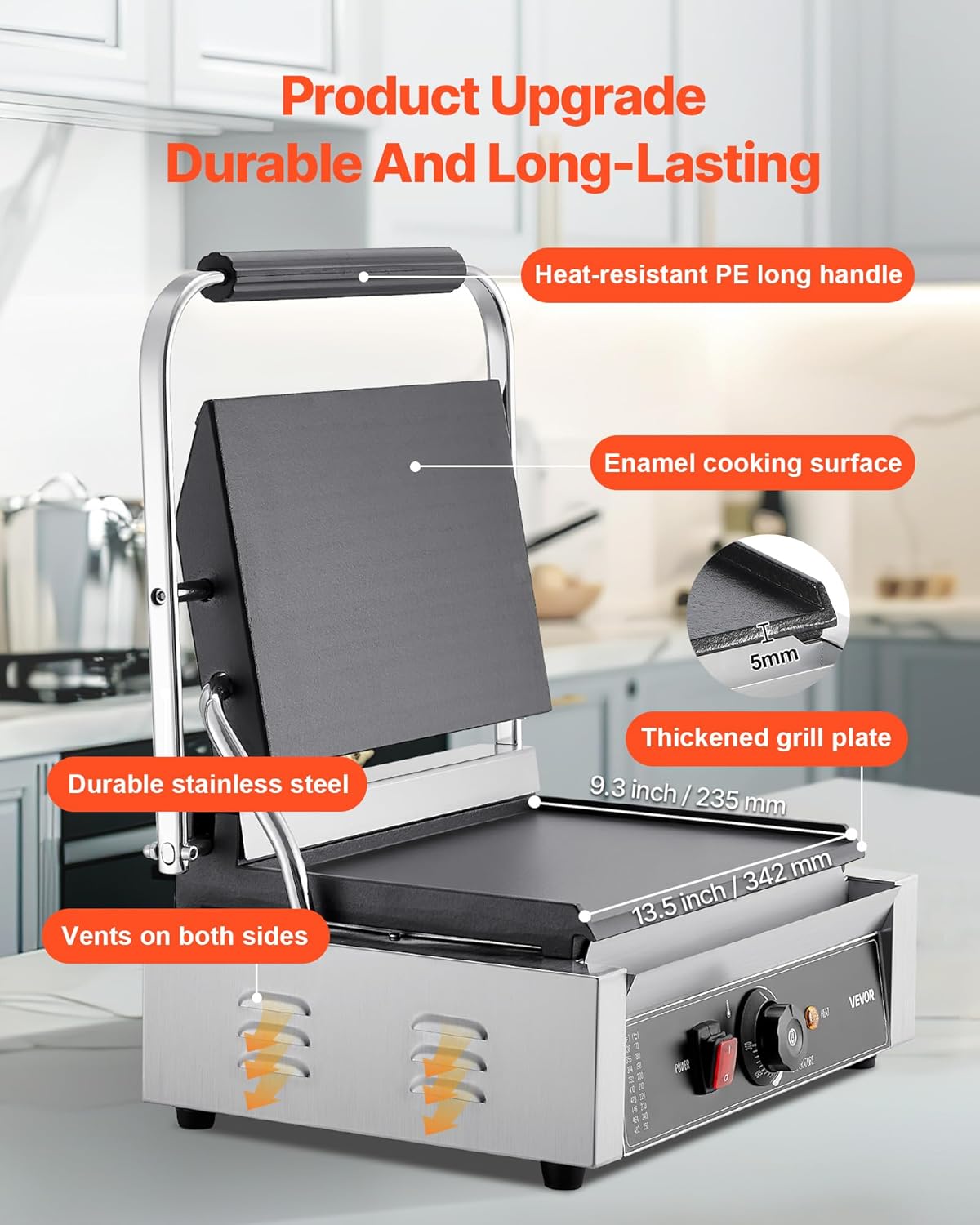 VEVOR Panini-elektrische grill voor panini, 2200 W, platte geëmailleerde plaat, 34,2 x 23,5 cm, sandwich van roestvrij staal, handgreep met temperatuurregeling