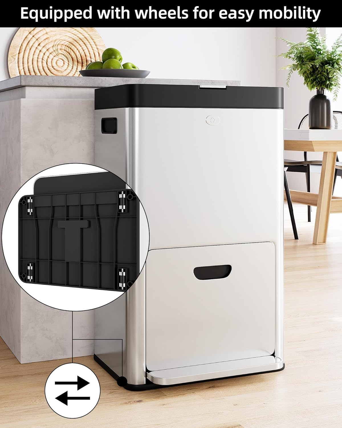GarveeHome Keuken Prullenbak 56L/14,8 Gal, 3 compartimenten Pedaal Keuken Recycling Prullenbak met Verwijderbare Emmers, Roestvrij Staal Vuilnisbak voor Keuken School Ziekenhuis