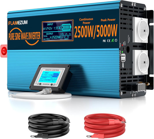 2500W zuivere sinusspanning auto-omvormer-omvormer 24v naar 230v-omvormer-omvormer met 2 EU-contactdozen en 2 USB-poorten-incl. afstandsbediening-piekvermogen 5000 watt