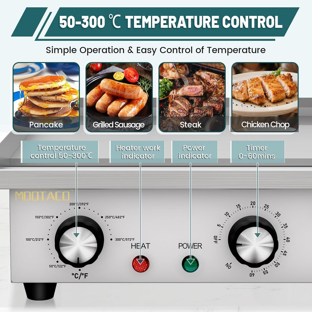 Elektrische grillplaat, professionele gastro elektrische grillplaat met 45 cm grilloppervlak, tafelgrill met timer