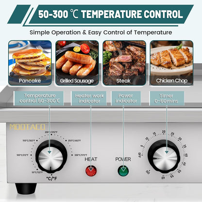 Elektrische grillplaat, professionele gastro elektrische grillplaat met 45 cm grilloppervlak, tafelgrill met timer