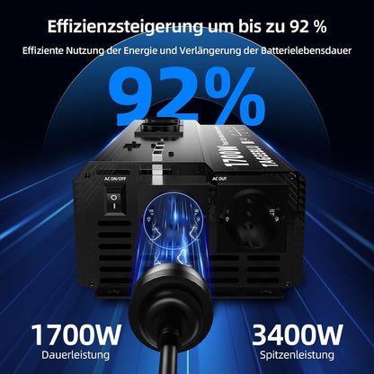 1700W 24V Pure Sine Wave inverter 24v 220v, 4 EU sockets, Type C 30W, Fast charging USB 25W, 3 USB ports, LED display
