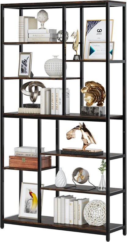 Tribesigns Bookcase Set of 2 Standing Shelves with 8 Levels, 9 Shelves, Modern Freestanding Open Bookcase, for Living Room, Office, Bedroom, 30 x 100 x 200 cm, Rustic Brown