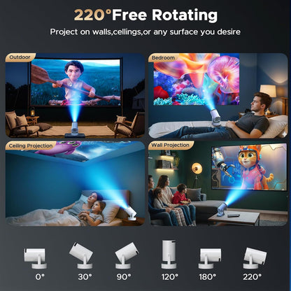 Beamer met accu, mini-projector ondersteuning 4K resolutie, 220° rotatie, geïntegreerde luidspreker en bluetooth-projector, Auto Keystone WiFi6 beamer projector voor thuisbioscoop slaapkamer