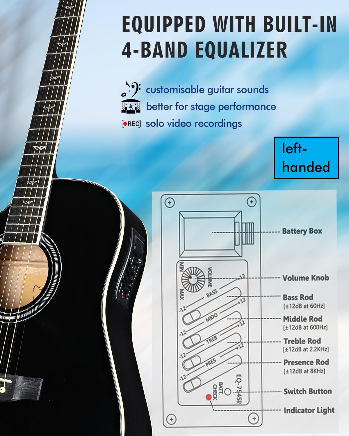 Winzz Elektro-akoestische gitaar voor volwassenen, 4/4 full-size beginnersgitaar folk voor kinderen vanaf 12 jaar (linkshandig, zwart)