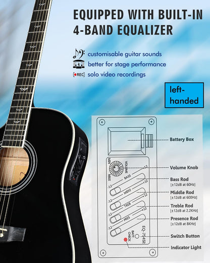Winzz Elektro-akoestische gitaar voor volwassenen, 4/4 full-size beginnersgitaar folk voor kinderen vanaf 12 jaar (linkshandig, zwart)