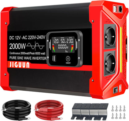 JIGUUN 2000W Omvormer 12V 230V Zuivere sinus Converter inverte met 2 EU stopcontacten & 3 USB+Tycp-C poorten, afneembare afstandsbediening en LCD display Piekvermogen 6000W