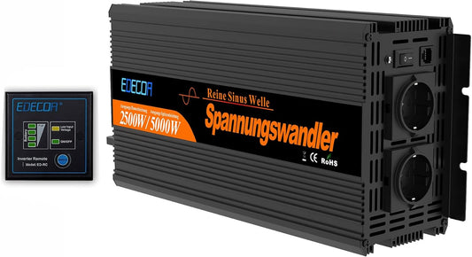 EDECOA Omvormer Zuivere Sinus 2500W Spanningsomvormer 12v 220v 230v met LCD-scherm, EU stopcontacten,USB-poorten en Afstandsbediening Stroomomvormer 5000W Autolader