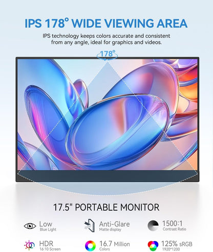 UPERFECT Draagbare Monitor 17,5 inch, 1920×1200P FHD Portable Monitor 16:10 125% sRGB 1500:1 IPS met USB-C & HDMI, Ultradun - Oogbescherming - Extern Tweede Scherm voor pc/Mac/PS3/4/5/Xbox