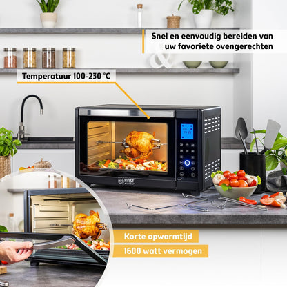 TZS First Austria - Minibakoven digitaal 30L 1600W - Mini Oven traploze temperatuurregeling tot 230°C - Minioven 60 m timer, 3 inschuifhoogtes, bakplaat & grillrooster - Voor kleine keukens & kamperen