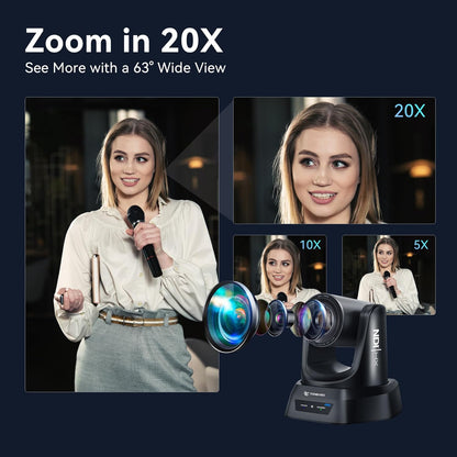 TONGVEO 4K NDI PTZ camera met KI-auto-tracking 20-voudige optische zoom HDMI IP live streaming SDI USB3.0 PoE LAN ondersteuning voor godsdiensten, devocaties vorming, videoconferenties met OBS VMix