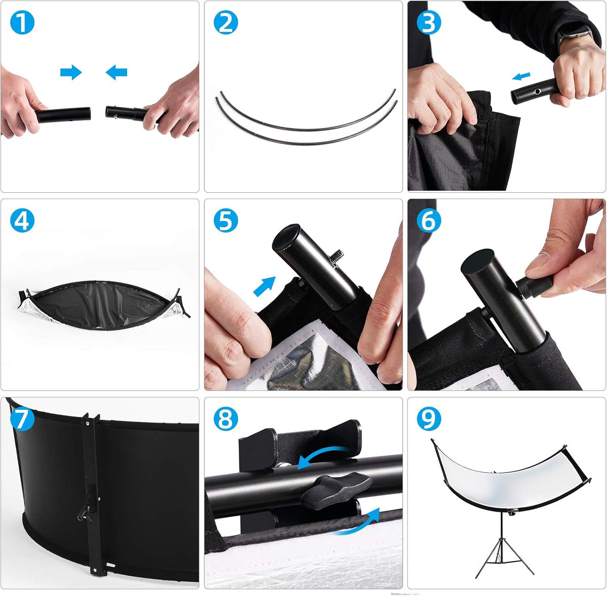 4-in-1 Portretreflector – U-vorm Reflector – Gebogen Reflector – Beautyreflector – Fotoreflector – 60 x 180 cm – Inclusief 200 cm Lichtstatief