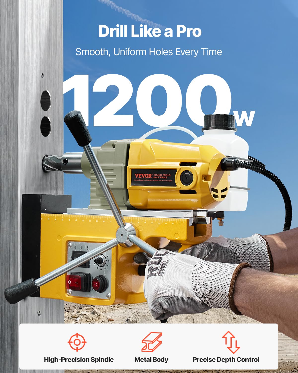 VEVOR Magnetic Drill 1200 W Motor Magnetic Electric 12500 N Drill Diameter 40 mm Drill with 2 Drill Points Variable Speed for Metal Surfaces, Yellow - QUORE