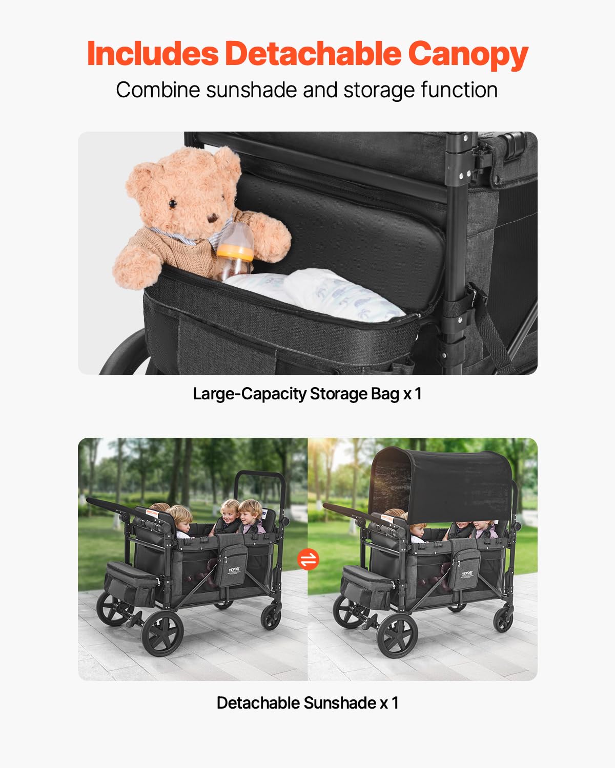 VEVOR Wagon Kinderwagen voor 4 kinderen, Push Pull Quad Opvouwbare Kinderwagen met Verstelbare Handvat, Veiligheidsharnas & Afneembare Luifel, 4-zits Kinderwagen voor Camping, Donkergrijs & Zwart (350