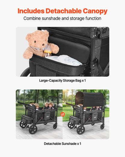 VEVOR Wagon Kinderwagen voor 4 kinderen, Push Pull Quad Opvouwbare Kinderwagen met Verstelbare Handvat, Veiligheidsharnas & Afneembare Luifel, 4-zits Kinderwagen voor Camping, Donkergrijs & Zwart (350