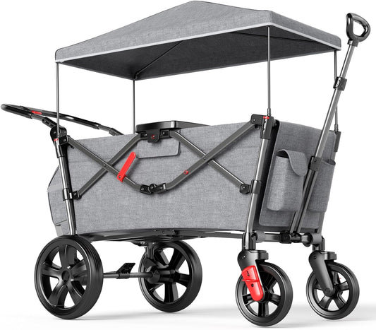 EVER ADVANCED Wagon voor kinderen om in te zitten, kinderwagenwagen voor 2 kinderen met afneembare luifel, trek mee met stoelen 5-punts harnassen, draagbare push-pull kar met verstelbare handgreep
