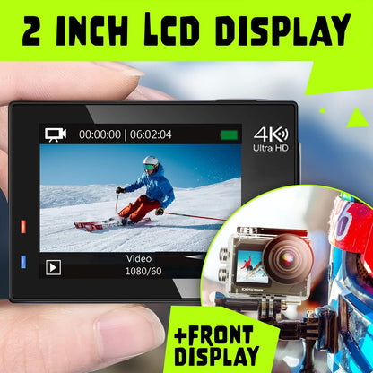 E-A-F Action Cam, 4K 30fps Ultra HD, 40m 100ft waterdichte onderwatercamera, wifi, 170° ultragroothoek, afstandsbediening, 2 accu's en helmaccessoire-kit