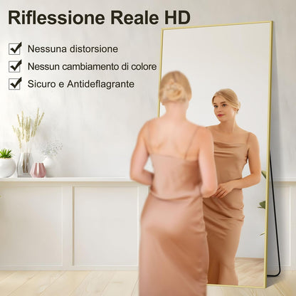 Full-body Spiegel – Vloerspiegel – Wandspiegel – Staande Spiegel – Lichaamsspiegel – 192x85 cm – Gouden Aluminium Frame – Verstelbare Basis