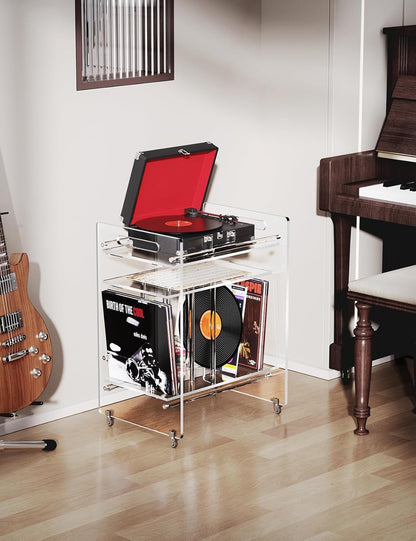 Acryl bijzettafel, vinyl Magzine Opslag Boekenplank met 3 Tier Bijzettafel met Wielen (Doorzichtig) (Clear Large)