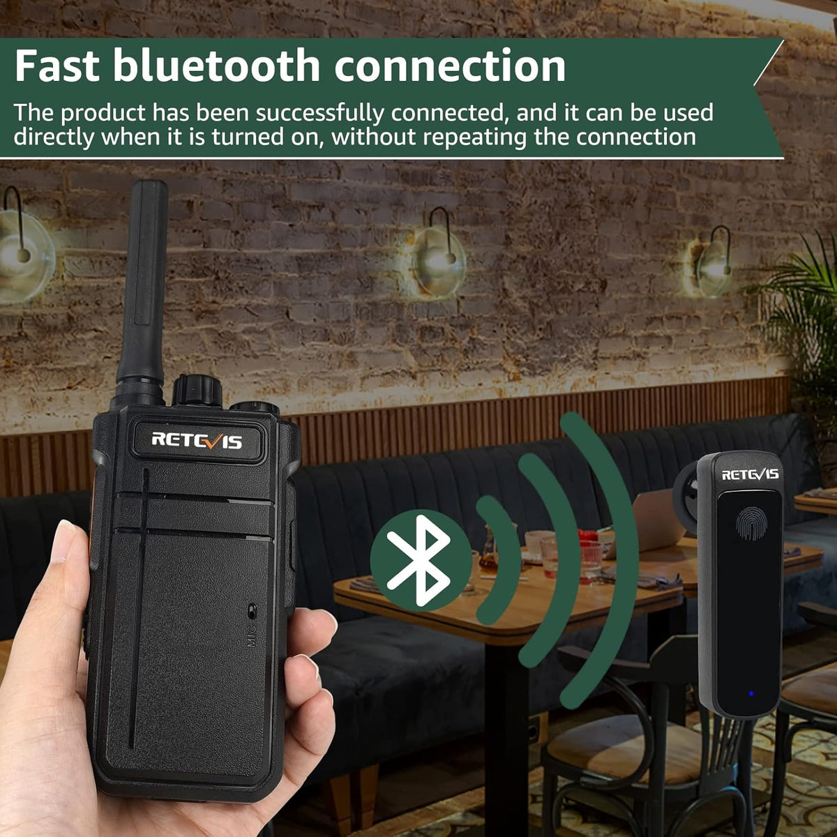Retevis RB637 Bluetooth-walkie-talkie, bidirectionele radio met draadloze Bluetooth-hoofdtelefoon, type-C 2000mAh, VOX, zaklamp, draadloos exemplaar, PMR-walkie-talkie voor restaurant (zwart, 2 stuks)