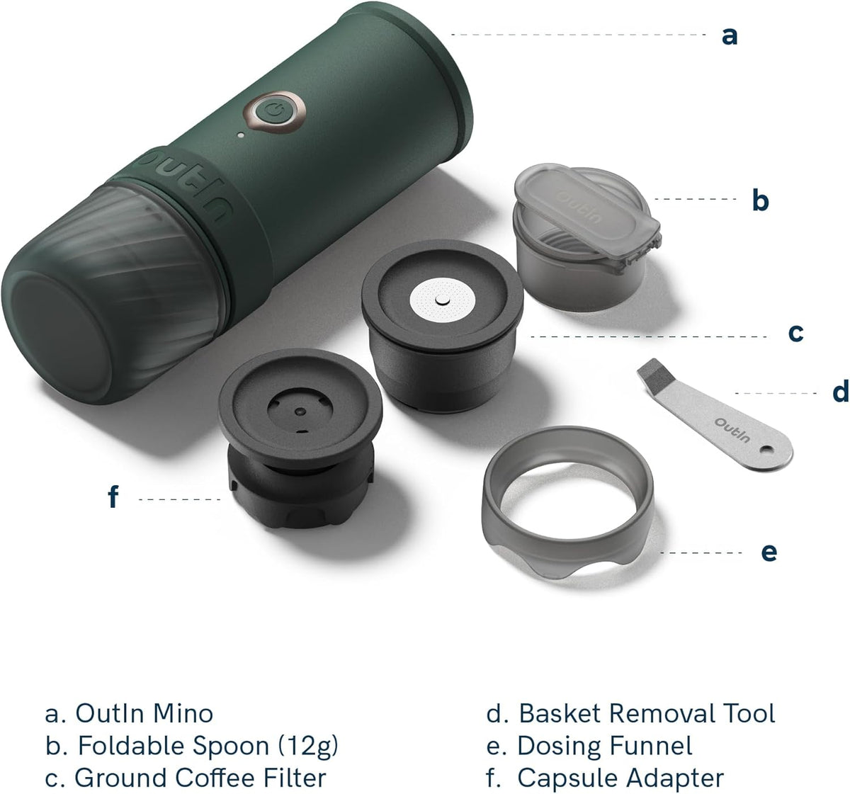 OutIn Mino Draagbare Elektrische Espressomachine, Mini Camping Koffiemachine voor Reizen, Zakformaat Koffiemachine met USB-C Zelfverwarming, Geschikt voor Gemalen Koffie & NS Capsule