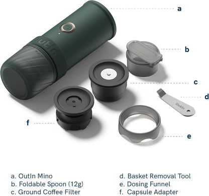 OutIn Mino Draagbare Elektrische Espressomachine, Mini Camping Koffiemachine voor Reizen, Zakformaat Koffiemachine met USB-C Zelfverwarming, Geschikt voor Gemalen Koffie & NS Capsule