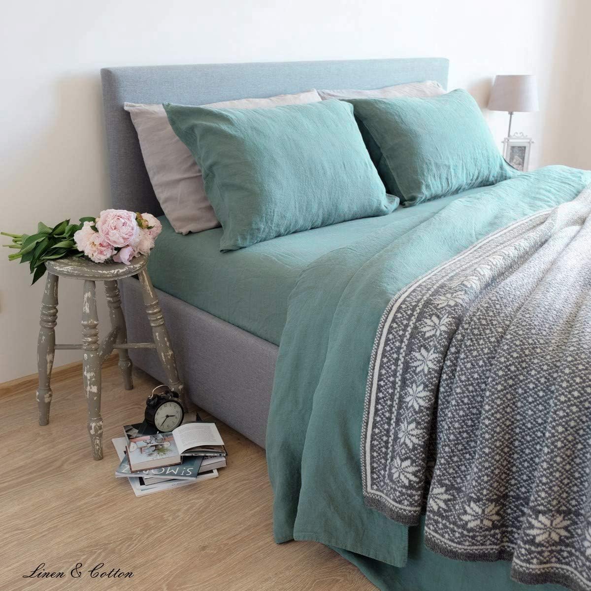 Linen & Cotton Zacht Beddengoed Set Alicia - 100% Gewassen Linnen, Munt Groen (140 x 200 cm) Beddenset Dekbedovertrek Kussensloop Dubbel Bed Twin King Size Single Eenpersoons Tweepersoons Winter Zomer