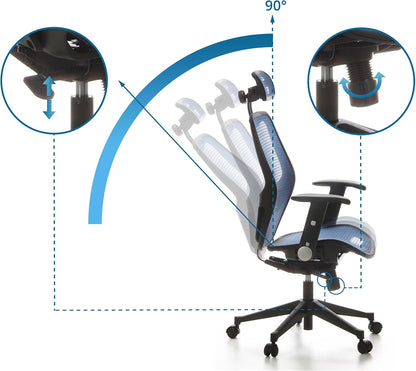 hjh OFFICE 653060 Professionele bureaustoel AIR-Port net blauw draaistoel met lendensteun, armleuningen inklapbaar en verstelbaar