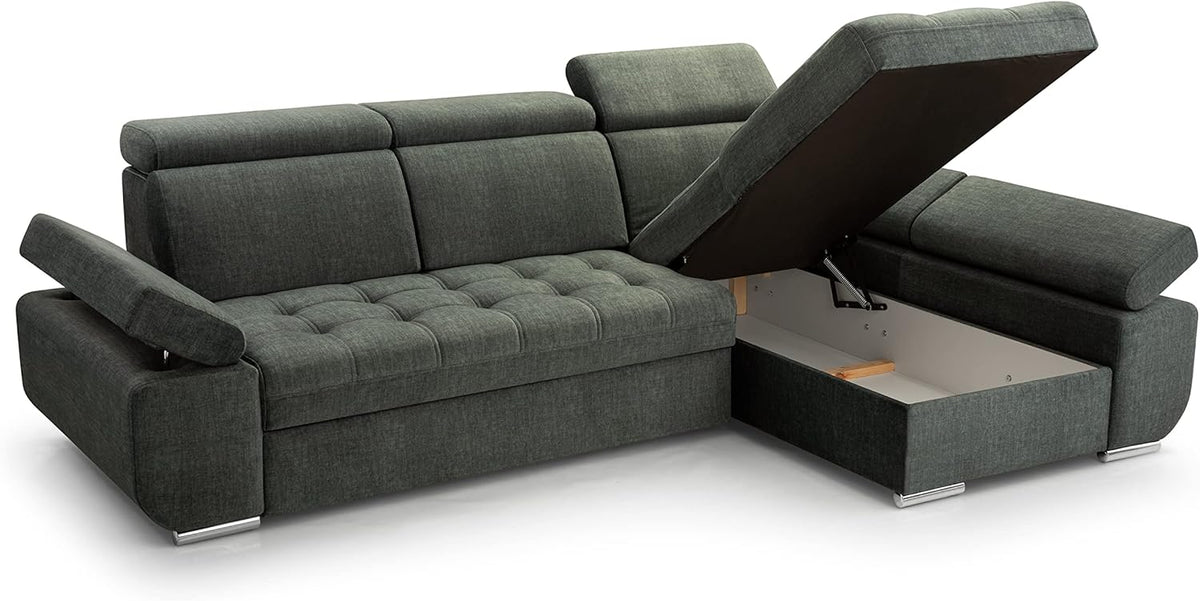 Corner Sofa with Sleeping Function and Practical Bed Drawer - Comfortable Sofa Bed L Shape 264x165cm with Movable Headrests, Folding Sofa Bianco Grey, Sofa Right - QUORE